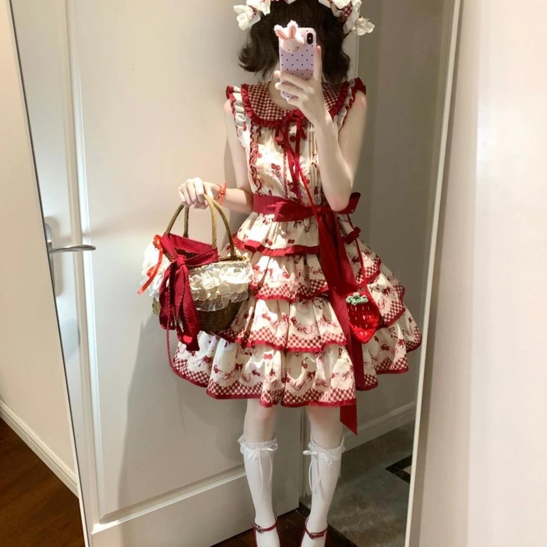 甜美公主裙樱桃印花拼接花边无袖娃娃领Lolita裙收腰绑带蛋糕短裙