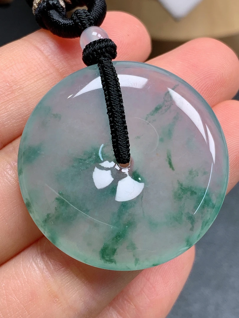 天然缅甸翡翠A货冰飘花平安扣气质精美尺寸34.3+5.9  370