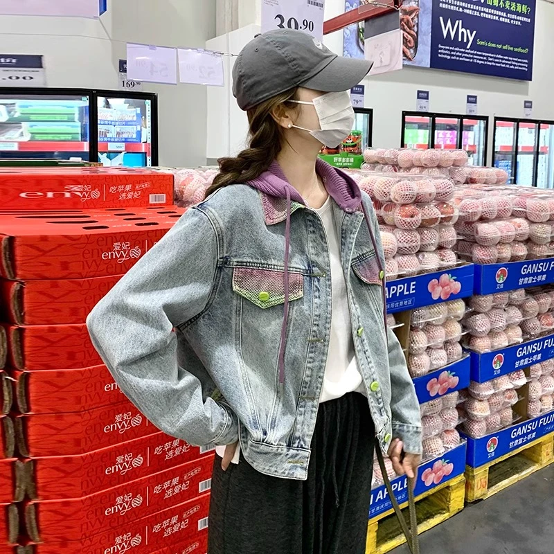 撞色针织连帽牛仔外套女欧洲站2025早春新款韩版洋气百搭显瘦夹克