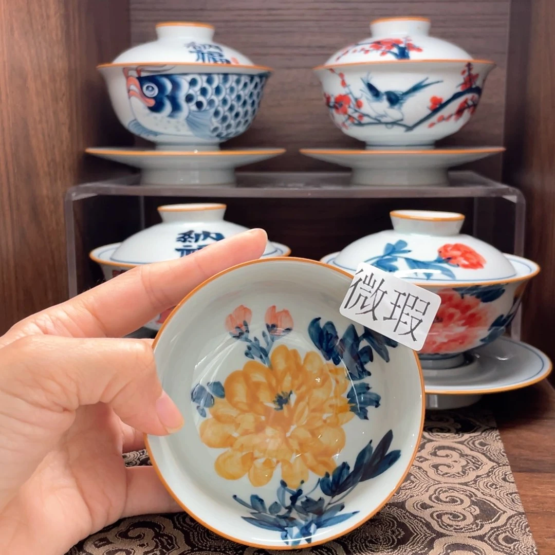 釉下手绘茶具微瑕