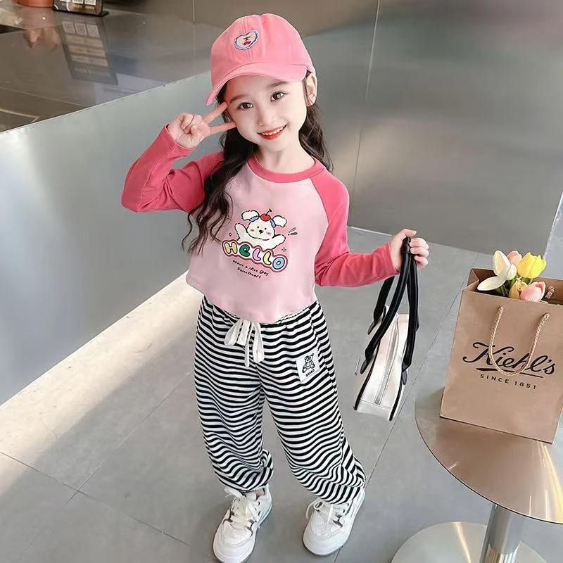 条纹休闲拼色打底上衣套装春秋季新款中小童宝男宝女宝裤子可开档