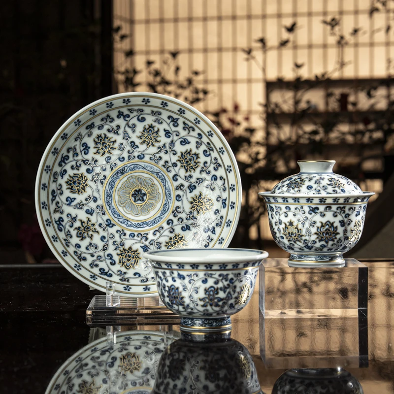 【墨舍柴窑】描金缠枝莲茶具套组