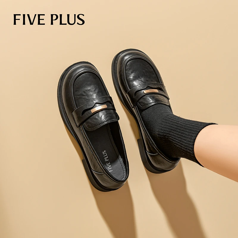 FIVE PLUS乐福鞋女2025秋季复古风增高舒适单鞋 一脚蹬黑色小皮鞋