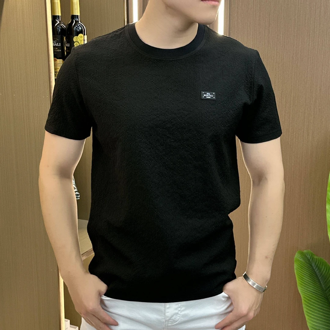 轻奢潮男夏季冰肌理感绣标短袖T恤男圆领百搭宽松半袖上衣