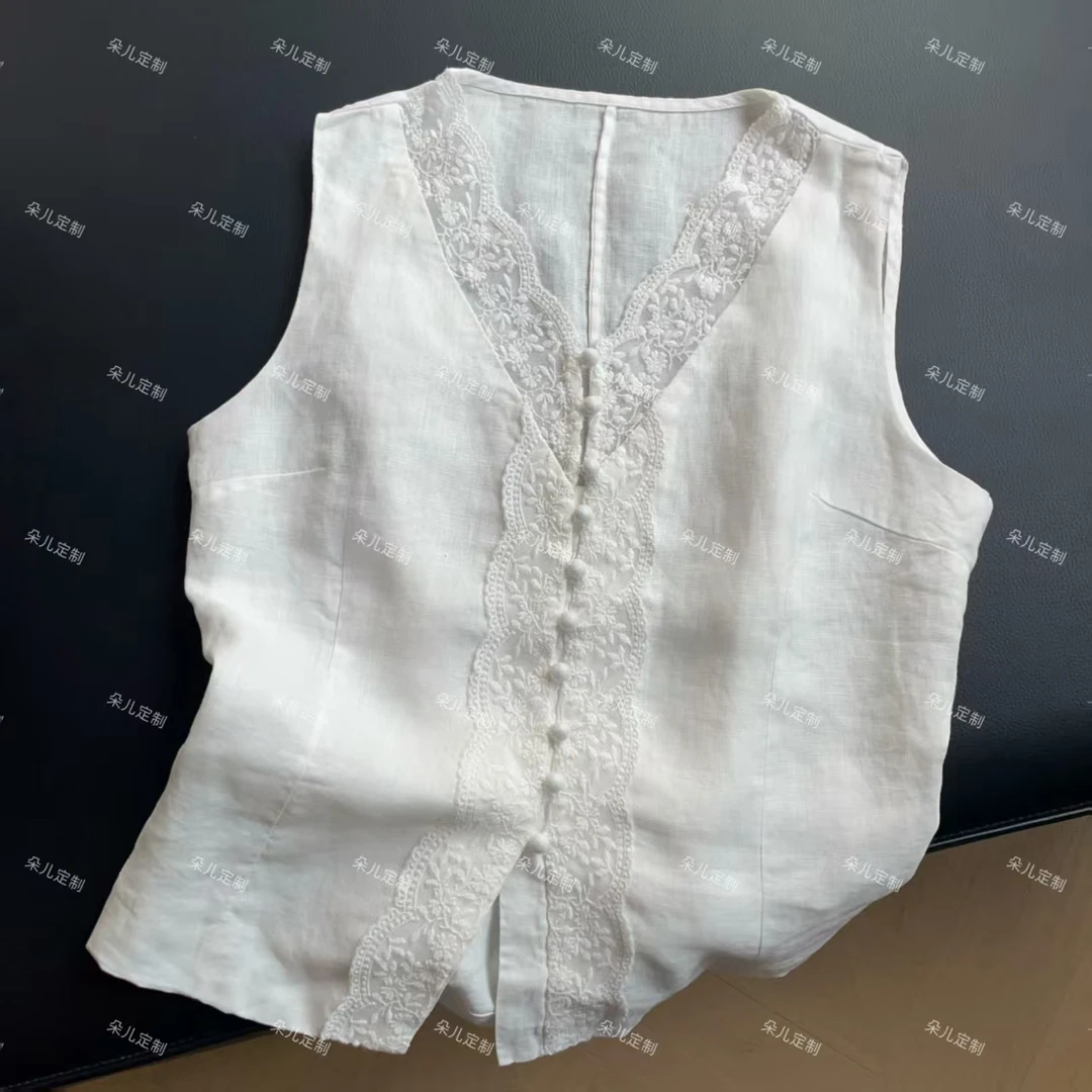 朵儿定制 【往事】法式老钱风100亚麻蕾丝拼接V领马甲 IY10