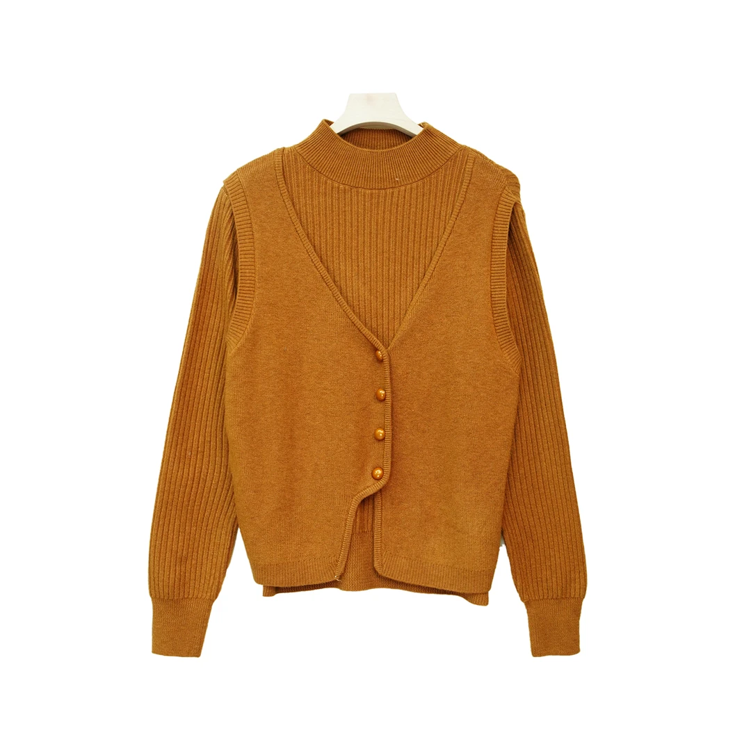 HY653【冬季新款】气质橘色圆领单排扣假两件修身毛衣