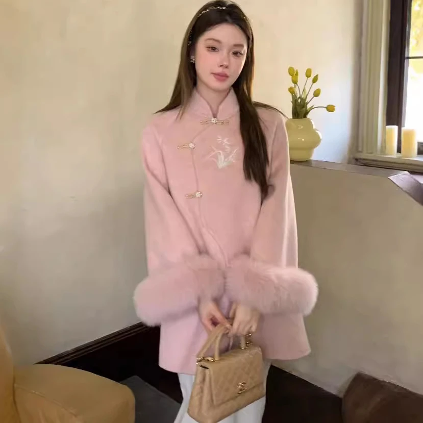 新中式国风刺绣双面羊绒大衣女2025新款狐狸袖毛古典气质毛呢外套
