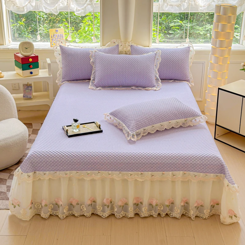 A类母婴级PE凉感床裙款冰丝席三件套床上夏天丝滑蕾丝空调席子