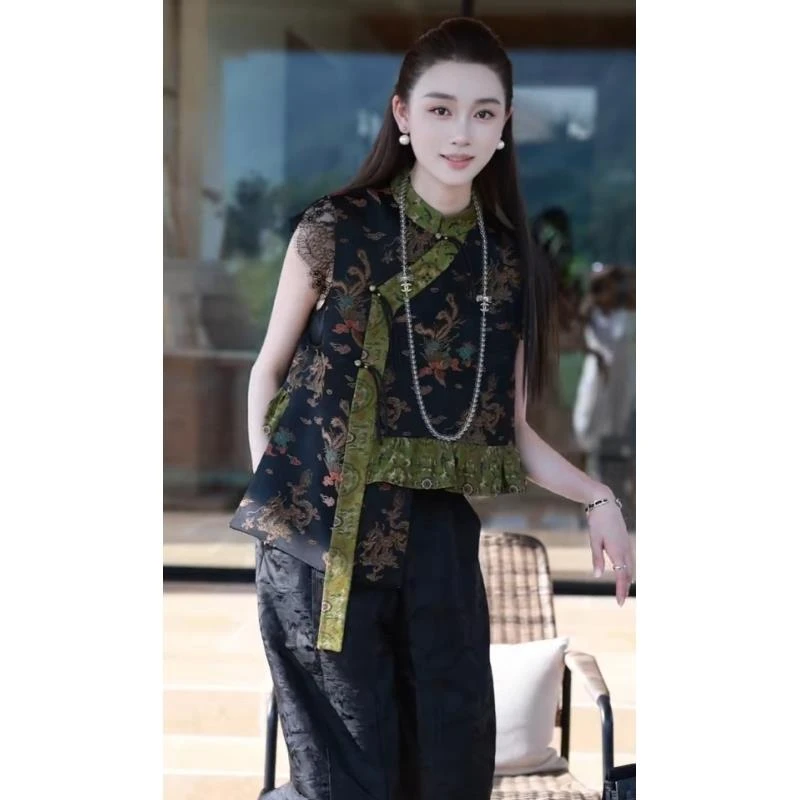 新中式国风高级感复古唐装马褂背心女小众独特别致黑色盘扣衬衫夏