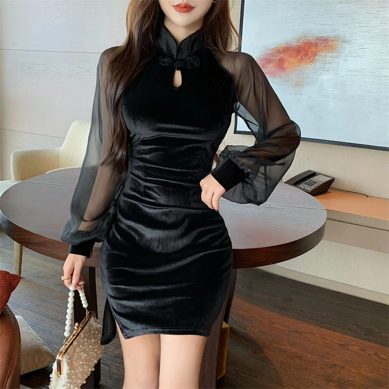复古风性感金丝绒旗袍气质黑色连衣裙2025新款紧身收腰包臀裙