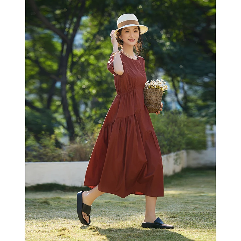 【西西专属】德·玛纳温柔纯棉法式多巴胺圆领碎褶泡泡袖连衣裙