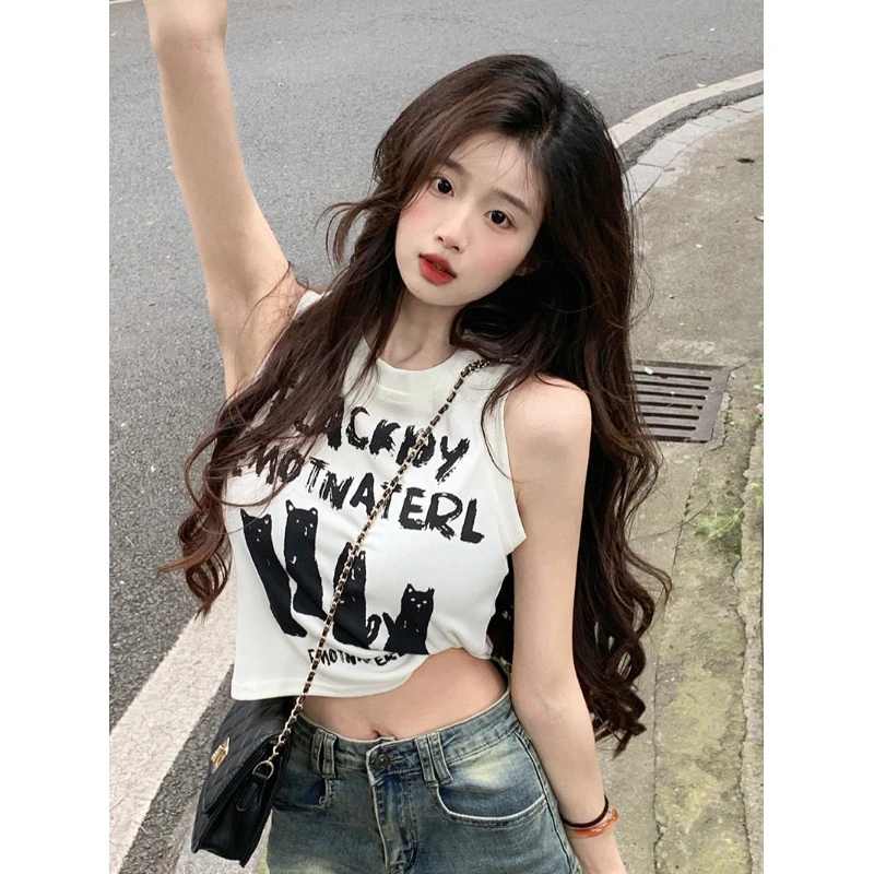 【工厂直销】甜酷风无袖吊带背心印花个性外穿修身短款辣妹上衣