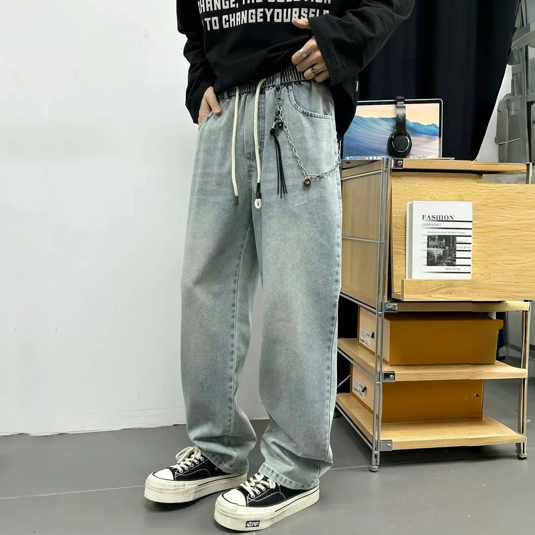 春季宽松复古垂感水洗牛仔裤男直筒美式潮牌阔腿休闲长裤LF-26021