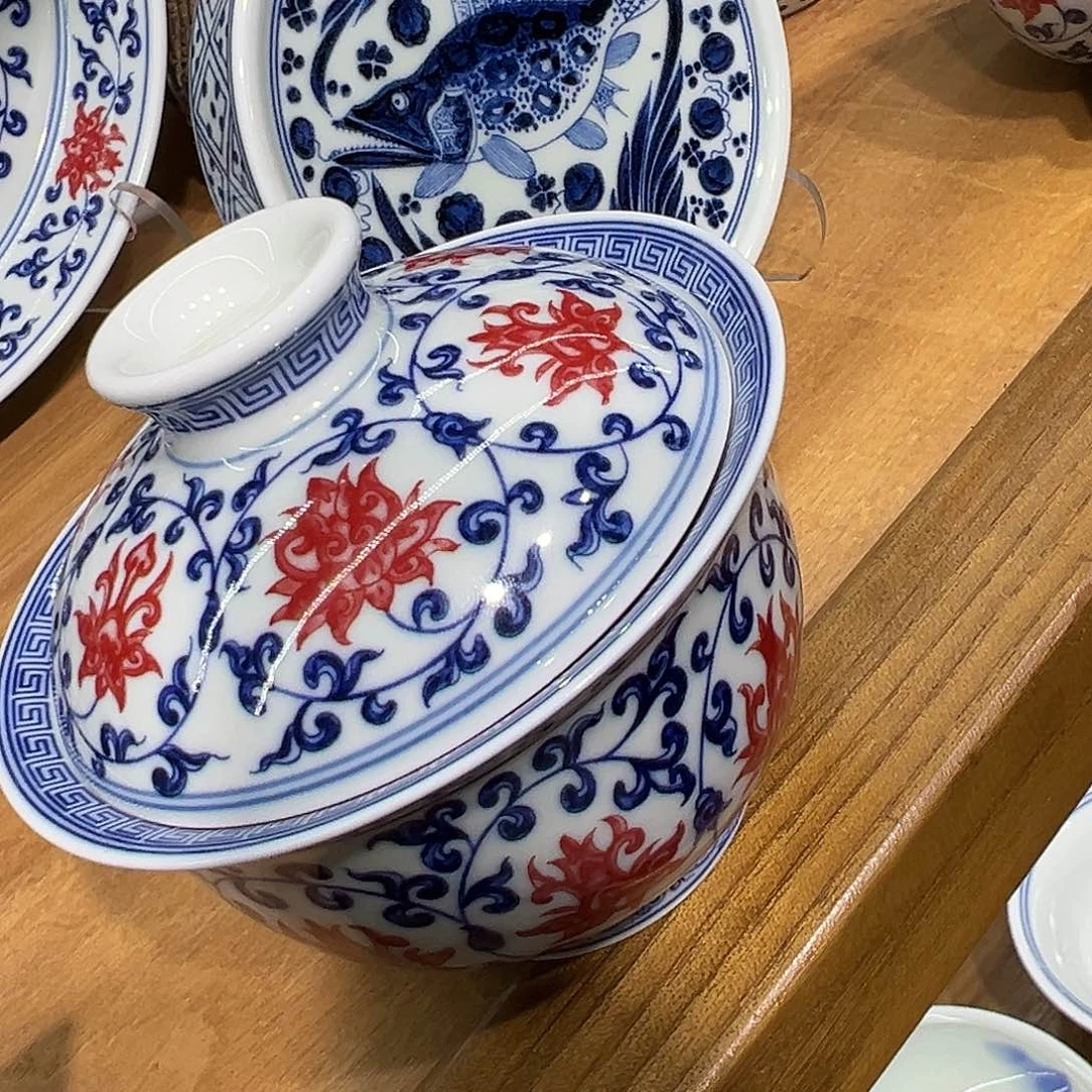 用***2青花釉里红缠枝莲盖碗盖置