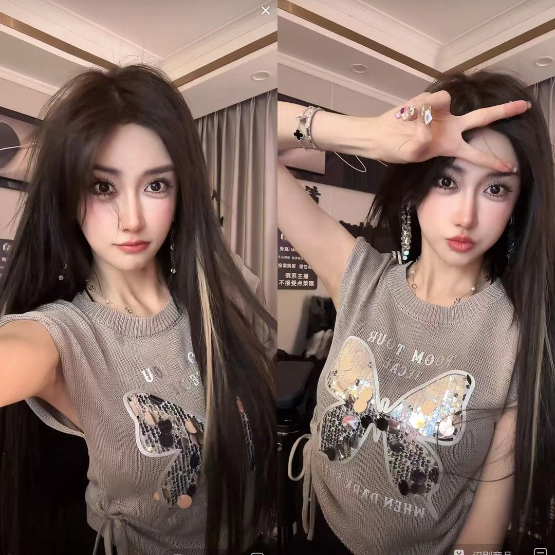 （浠儿姐姐）辣妹重工亮片蝴蝶圆领无袖针织背心女抽绳坎肩别致上衣