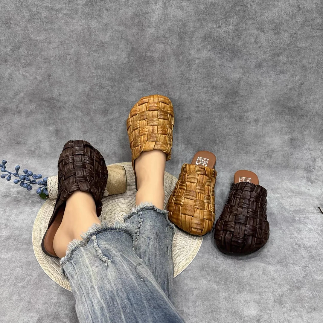 5911-30春夏新款真皮百搭休闲风舒适时尚手工编织包头拖