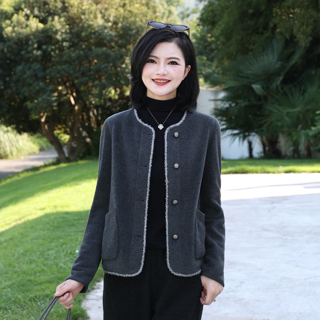 枫竺阿楠anan圆领重工钉珠摇粒绒小香外套女秋季出游保暖休闲衣