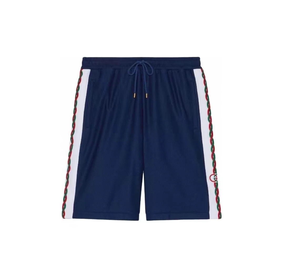 未使用 GUCCI/古驰 刺绣GG互扣LOGO  经典红绿织带  蓝色短裤