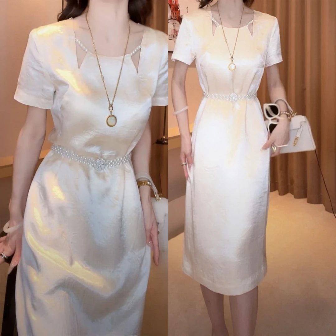 轻奢重工气质名媛连衣裙2025夏季新款小众显瘦礼服珍珠短裙女装