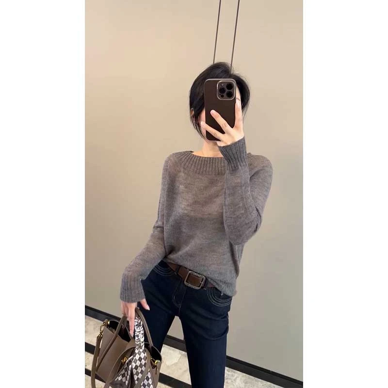 慵懒风纯色百搭套头毛衫女早秋新款休闲简约减龄显瘦圆领上衣