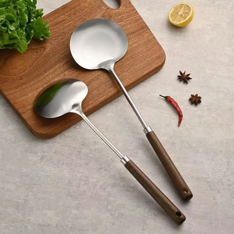 【大号+中号】不锈钢复古实木蘑菇铲长柄炒菜勺厨房炒勺汤勺铲子