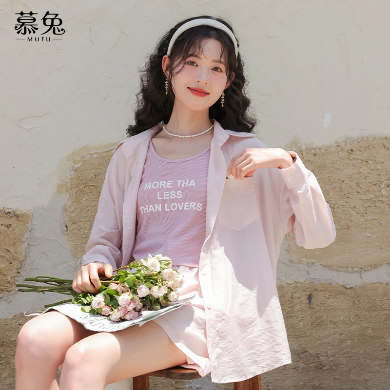 慕兔防晒衬衫印花吊带背心短裤三件套女2024夏季新款休闲运动套装