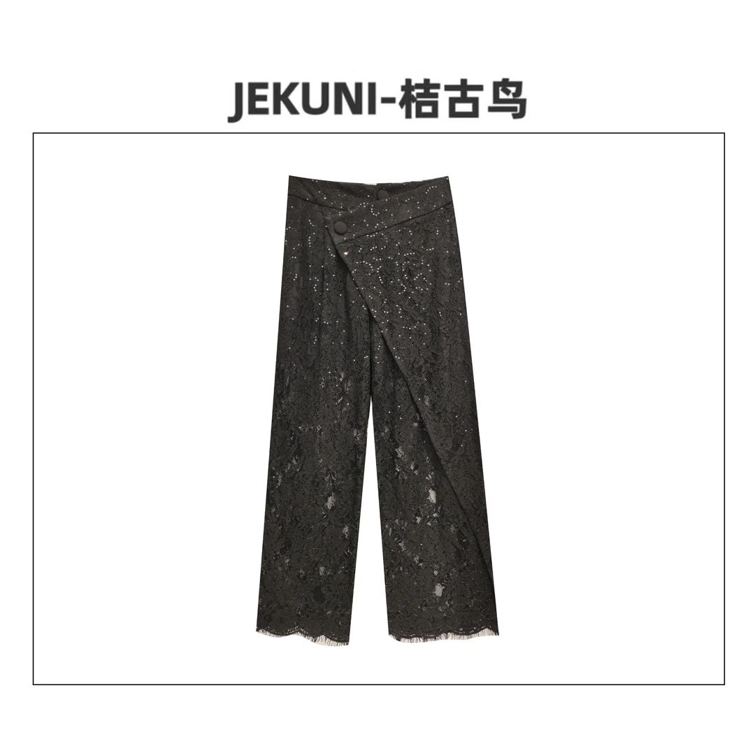 JEKUNI/桔古鸟【蕾丝盛宴】假两件免烫中腰直筒西裤蕾丝设计宽松裤
