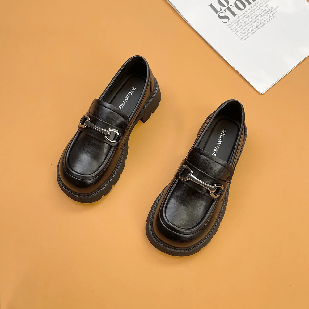 黑色厚底粗跟乐福鞋春季新款圆头一脚蹬懒人小皮鞋舒适工作鞋女鞋