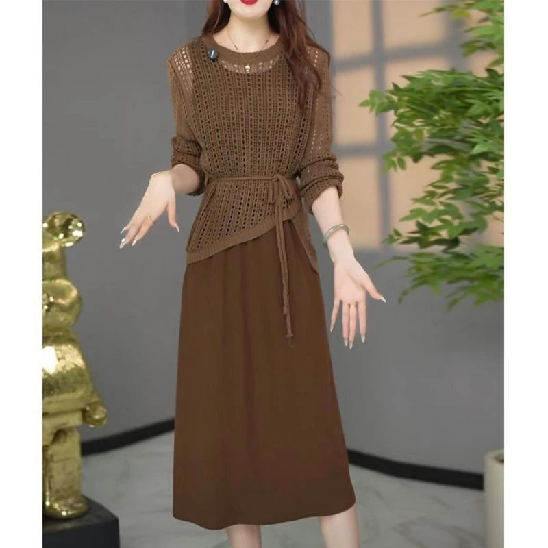 高档轻奢针织衫背带裙两件套大码遮肉系带过膝裙子套装2024早秋