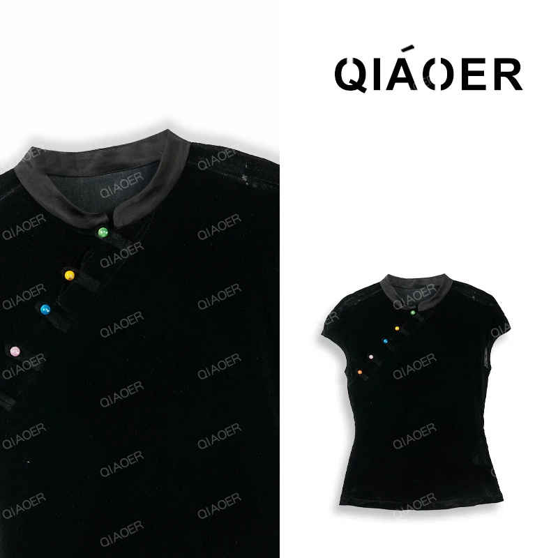 乔儿定制【夜色如黛】轻奢收腰显瘦短袖上衣女新中式斜襟丝绒T恤薄