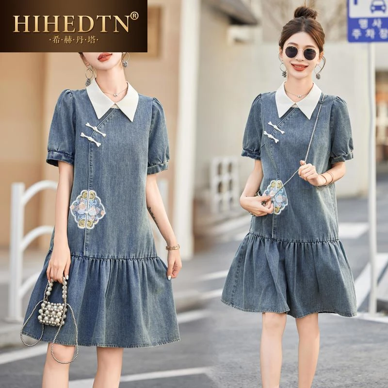 希赫丹塔牛仔连衣裙女夏季休闲时尚洋气减龄小个子新中式国风裙子