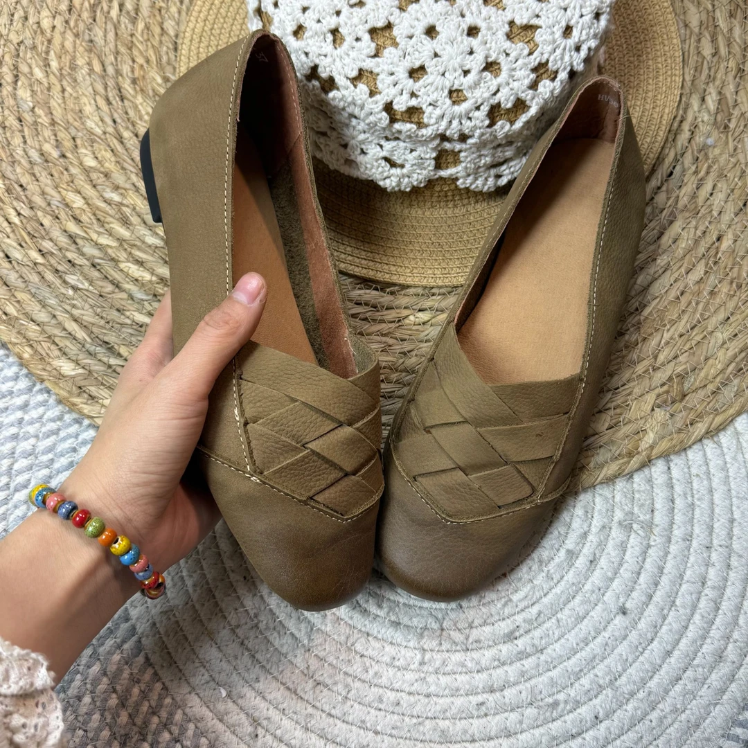 2025春夏新款时尚舒适百搭方头编织一脚蹬平底软底单鞋女鞋