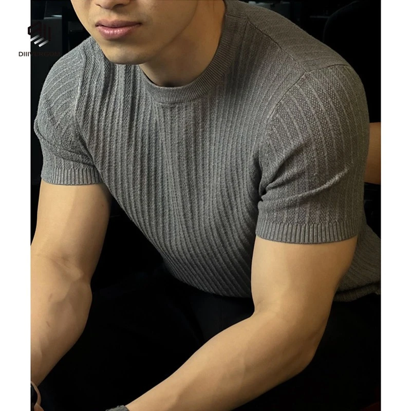 DIIIVERGOM美式复古冰丝透气纯色修身针织衫弹力条纹短袖恤男士套