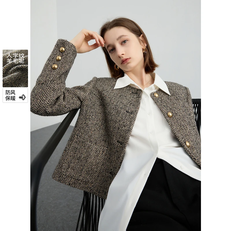 【大瑶专享】D394Z5105D20三彩2024冬季新款复古老钱风毛呢外套dbq