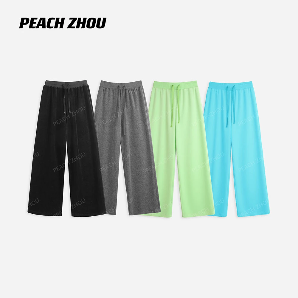 『PEACHZHOU』天鹅绒垂感宽松直筒休闲裤松紧腰纯色高级感阔腿长裤