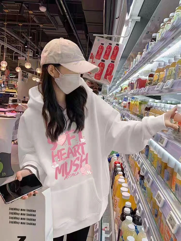 中长款连帽套头女秋季常规款卫衣洋气薄款白色卡通