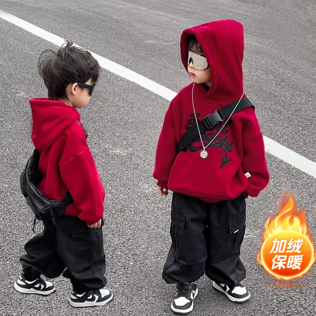 儿童装韩版保暖上衣服男童冬装新款外套中大童休闲加绒连帽卫衣潮
