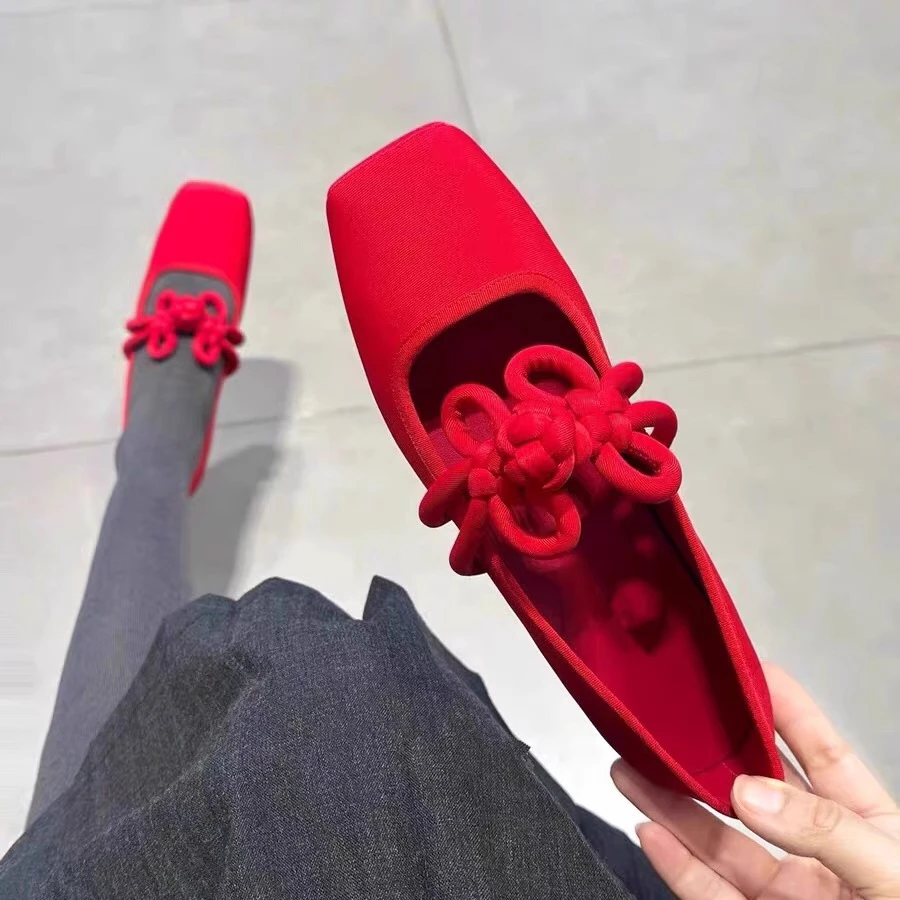 中国风婚鞋中国结玛丽珍鞋新中式红色芭蕾鞋2025新款平底浅口单鞋