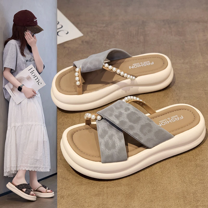 2025夏季新款豹纹交叉珍珠柔软带百搭时尚外穿女厚底舒适拖鞋-5CM