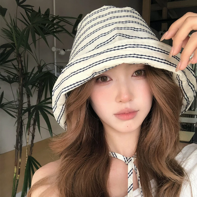 【猫仔kitten】条纹法式大帽檐渔夫帽女小众显脸小夏季防晒帽子