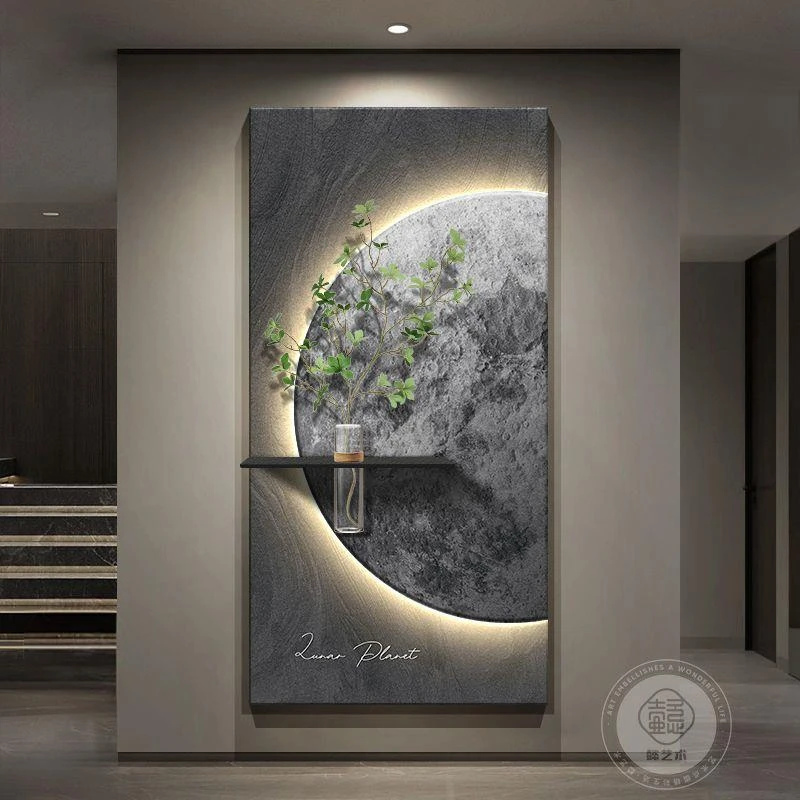 轻奢高级感入户门玄关装饰画现代高档月球壁灯画走廊过道尽头挂画