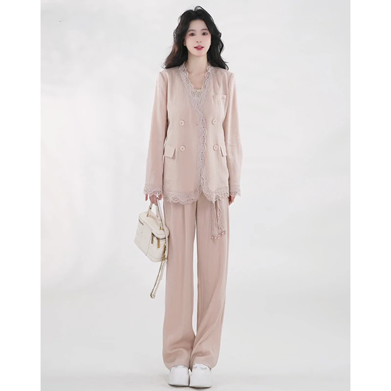 设计感休闲百搭套装女2025年初秋新款气质粉色蕾丝外套长裤两件套
