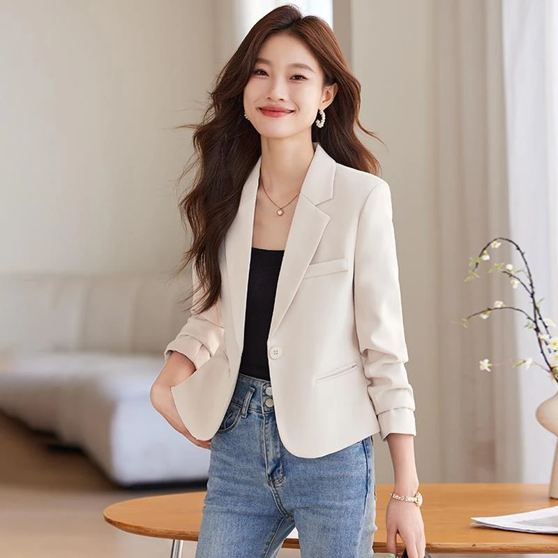 米白色小西装外套女春秋2025新款韩版修身短款休闲小个子西服上衣