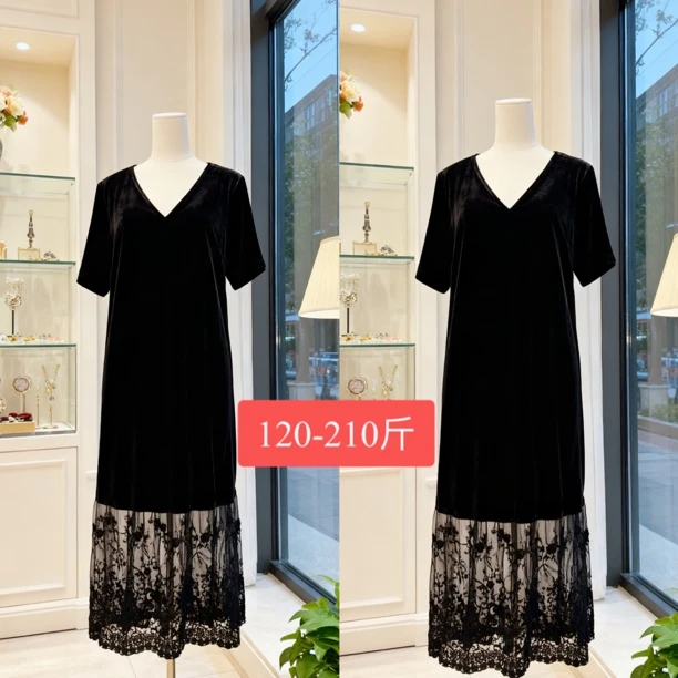 大码法式轻熟风蕾丝拼接V领黑色短袖气质长裙