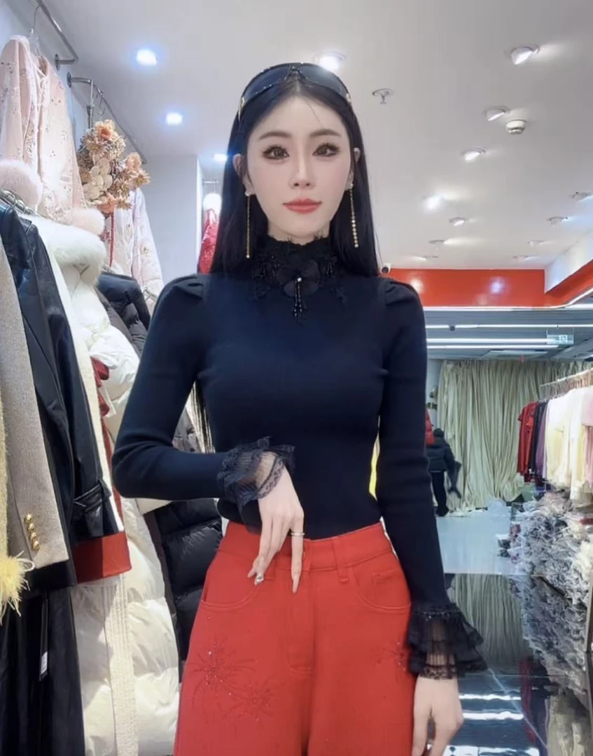 淑雅阁服饰  打底衫时尚女士宽松型半高领蕾丝背心上衣荷叶边1117