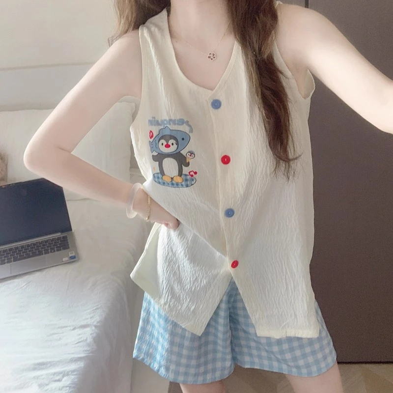 卡通企鹅云朵棉睡衣女夏季新款带胸垫吊带背心格子短裤家居服套装