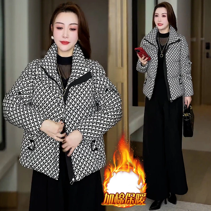 时尚设计感棉服女2025年冬季新款小个子休闲百搭千鸟格保暖短外套