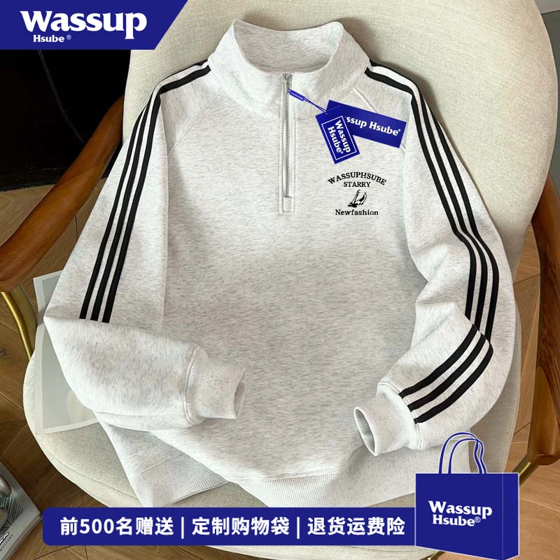 WASSUP HSUBE创意小飞机字母印花半拉链卫衣男女秋冬新款立领外套