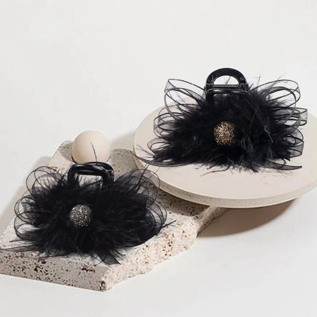 时尚气质轻奢网纱抓夹头花发夹发饰黑羽毛发夹羽毛夹子小香风网红