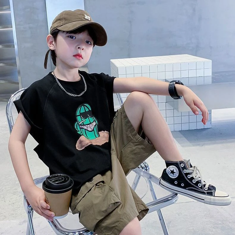 夏季新款男童动漫卡通无袖纯棉透气薄款宽松休闲痞气运动童装t恤